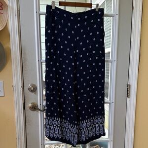 LOFT Navy and White Printed Wide-Leg Pants